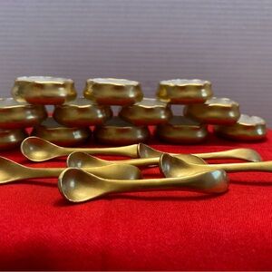 12 Belleek Scalloped Edge Gold Painted Porcelain Open Salt Cellars / 6 Spoons